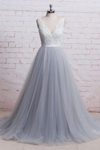 A Line V Neck Gray Tulle Long Prom Dresses with White Lace Top, White Lace Gray Formal Graduation Evening Dresses