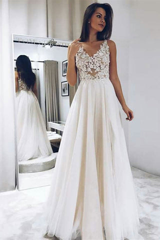 A Line V Neck Ivory Lace Long Prom Dresses, Ivory Lace Formal Dresses, Ivory Evening Dresses