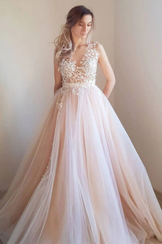 A Line V Neck Light Pink Lace Long Prom Dresses, V Neck Light Pink Formal Dresses, Light Pink Lace Evening Dresses