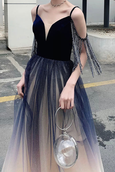 A Line V Neck Ombre Tulle Long Prom Dresses, Ombre Formal Graduation Evening Dresses WT1040