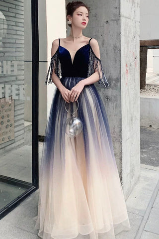 A Line V Neck Ombre Tulle Long Prom Dresses, Ombre Formal Graduation Evening Dresses WT1040