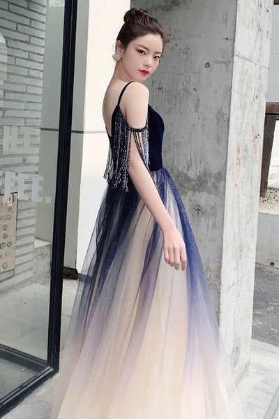 A Line V Neck Ombre Tulle Long Prom Dresses, Ombre Formal Graduation Evening Dresses WT1040
