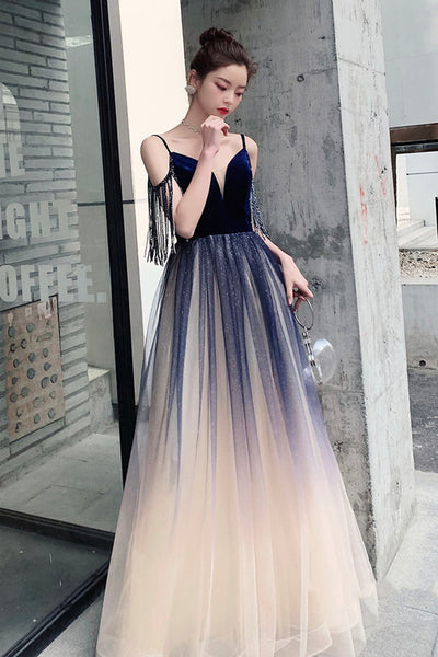 A Line V Neck Ombre Tulle Long Prom Dresses, Ombre Formal Graduation Evening Dresses WT1040