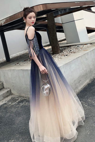 A Line V Neck Ombre Tulle Long Prom Dresses, Ombre Formal Graduation Evening Dresses WT1040