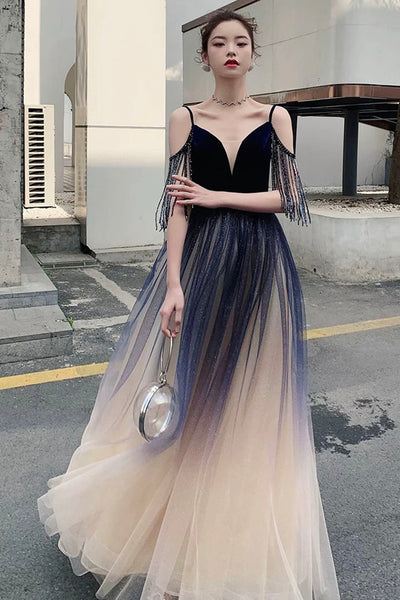 A Line V Neck Ombre Tulle Long Prom Dresses, Ombre Formal Graduation Evening Dresses WT1040