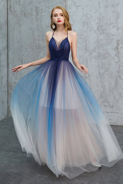 A Line V Neck Ombre Tulle Long Prom Dresses, V Neck Ombre Formal Dresses, Ombre Evening Dresses