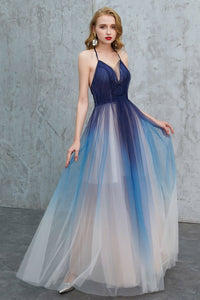 A Line V Neck Ombre Tulle Long Prom Dresses, V Neck Ombre Formal Dresses, Ombre Evening Dresses