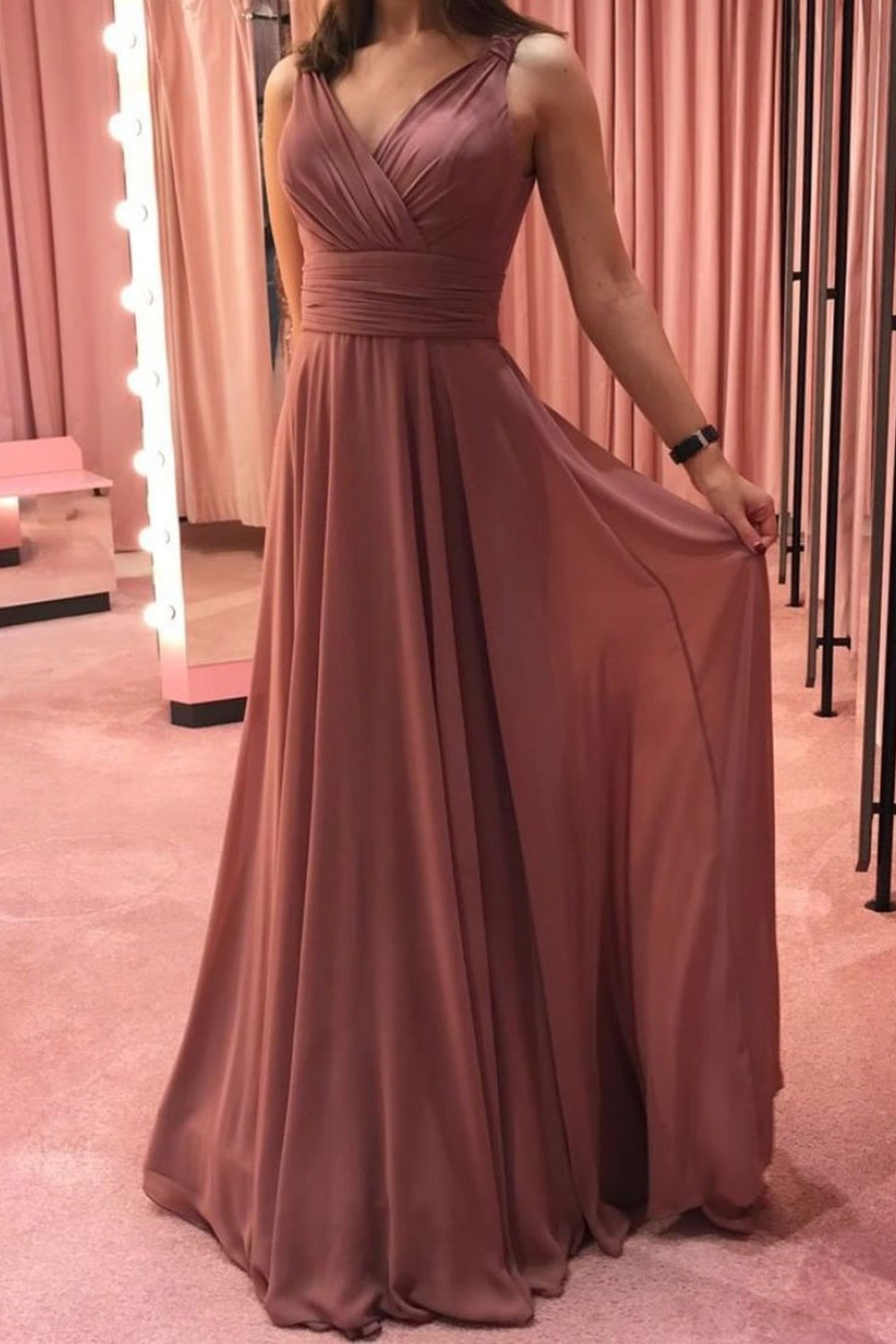 A Line V Neck Open Back Chiffon Long Prom Dresses, V Neck Open Back Bridesmaid Dresses, V Neck Formal Dresses