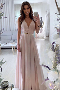 A Line V Neck Pink Chiffon Long Prom Dresses, V Neck Pink Formal Dresses, Pink Evening Dresses