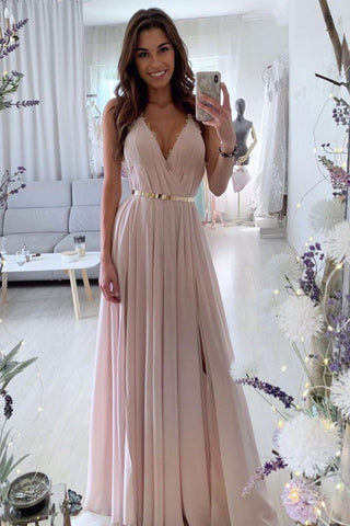 A Line V Neck Pink Chiffon Long Prom Dresses, V Neck Pink Formal Dresses, Pink Evening Dresses
