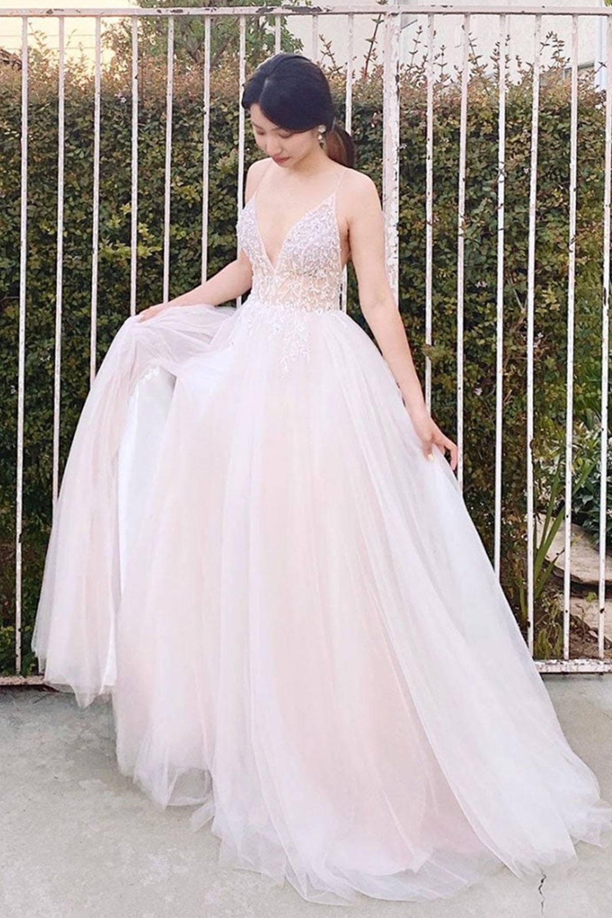 A Line V Neck Pink Tulle Beaded Long Prom Dresses, Pink Tulle Formal Evening Dresses