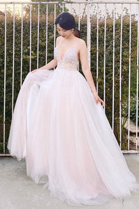 A Line V Neck Pink Tulle Beaded Long Prom Dresses, Pink Tulle Formal Evening Dresses