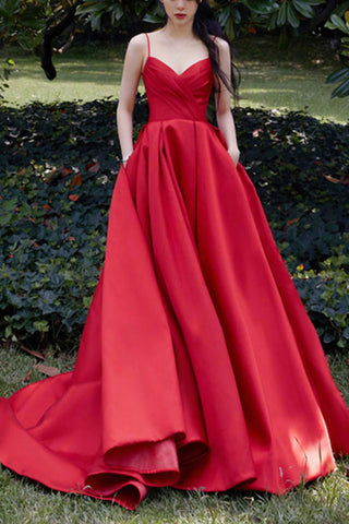A Line V Neck Red Satin Long Prom Dresses, V Neck Red Formal Dresses, Red Evening Dresses