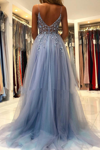 A Line V Neck Smoky Gray Long Beaded Prom Dresses, Smoky Gray Long Formal Evening Dresses