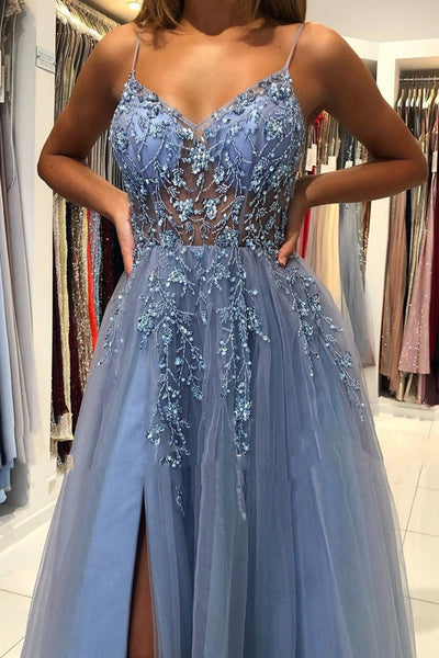 A Line V Neck Smoky Gray Long Beaded Prom Dresses, Smoky Gray Long Formal Evening Dresses