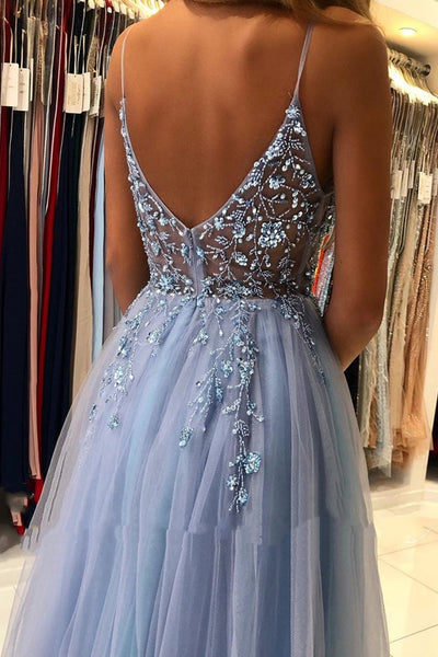 A Line V Neck Smoky Gray Long Beaded Prom Dresses, Smoky Gray Long Formal Evening Dresses