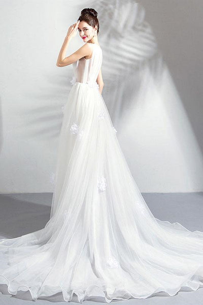 A Line V Neck White Floral Long Prom Dresses, White Floral Formal Dresses, White Evening Dresses