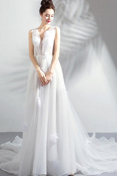 A Line V Neck White Floral Long Prom Dresses, White Floral Formal Dresses, White Evening Dresses
