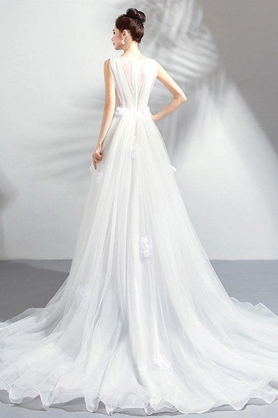 A Line V Neck White Floral Long Prom Dresses, White Floral Formal Dresses, White Evening Dresses