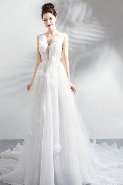 A Line V Neck White Floral Long Prom Dresses, White Floral Formal Dresses, White Evening Dresses