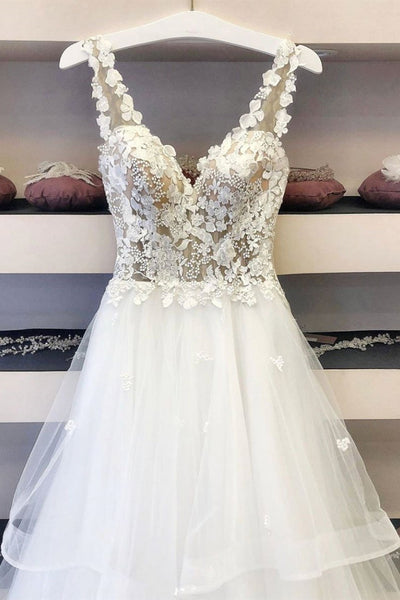 A Line V Neck White Lace Long Prom Dresses, Beaded White Lace Wedding Dresses, White Formal Evening Dresses