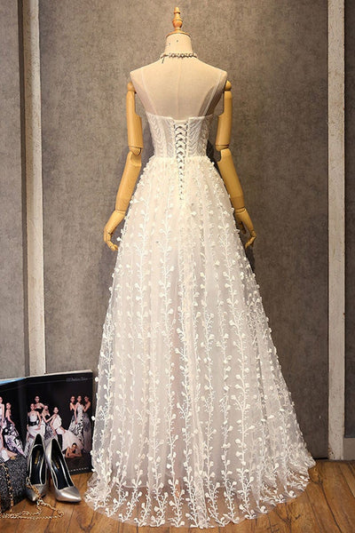A Line V Neck White Lace Long Prom Dresses, White Lace Formal Dresses, White Evening Dresses