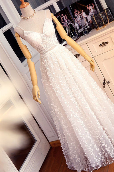 A Line V Neck White Lace Long Prom Dresses, White Lace Formal Dresses, White Evening Dresses