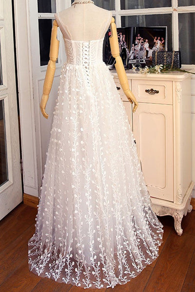 A Line V Neck White Lace Long Prom Dresses, White Lace Formal Dresses, White Evening Dresses