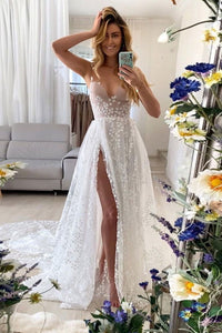 A Line V Neck White Lace Long Prom Dresses with High Slit, V Neck White Formal Dresses, White Lace Evening Dresses