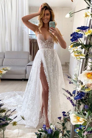 A Line V Neck White Lace Long Prom Dresses with High Slit, V Neck White Formal Dresses, White Lace Evening Dresses