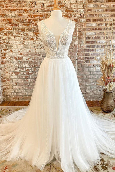 A Line V Neck White Lace Long Prom Wedding Dresses, V Neck White Tulle Formal Dresses, White Lace Evening Dresses