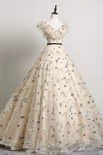 Almond V Neck Long Prom Dresses with Appliques, Almond Formal Evening Dresses, Ball Gown WT1185
