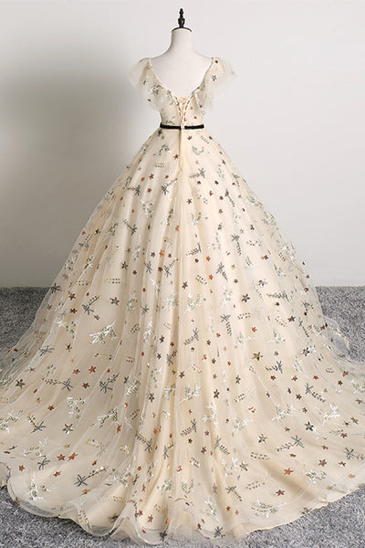 Almond V Neck Long Prom Dresses with Appliques, Almond Formal Evening Dresses, Ball Gown WT1185