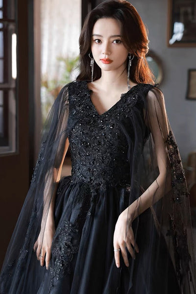 Black Lace V Neck Beaded Tulle Long Prom Dresses, Black Lace Formal Dresses, Black Evening Dresses EP1088
