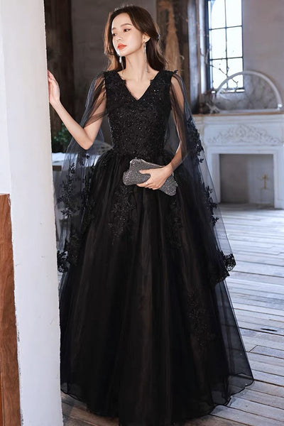 Black Lace V Neck Beaded Tulle Long Prom Dresses, Black Lace Formal Dresses, Black Evening Dresses EP1088