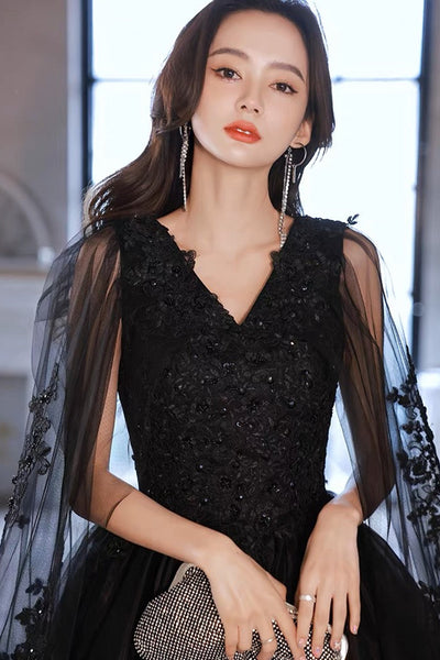 Black Lace V Neck Beaded Tulle Long Prom Dresses, Black Lace Formal Dresses, Black Evening Dresses EP1088