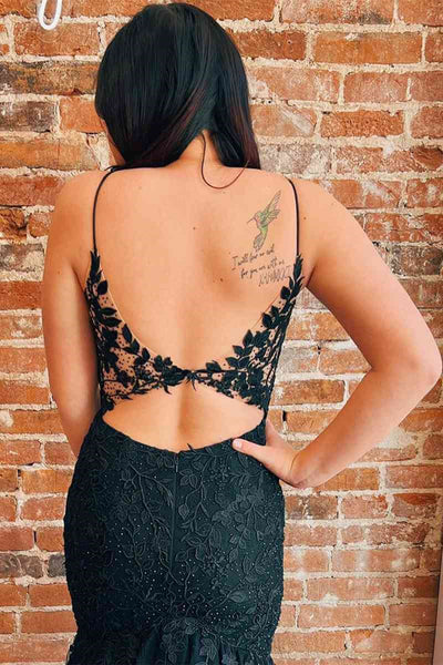 Black Lace V Neck Open Back Mermaid Long Prom Dresses, Black Lace Formal Evening Dresses, Black Ball Gown WT1130