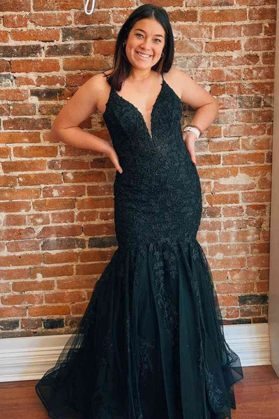 Black Lace V Neck Open Back Mermaid Long Prom Dresses, Black Lace Formal Evening Dresses, Black Ball Gown WT1130