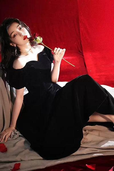 Black Off Shoulder Tea Length Prom Homecoming Dresses, Off the Shoulder Black Formal Graduation Evening Dresses WT1019