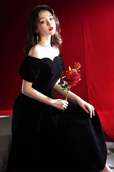 Black Off Shoulder Tea Length Prom Homecoming Dresses, Off the Shoulder Black Formal Graduation Evening Dresses WT1019