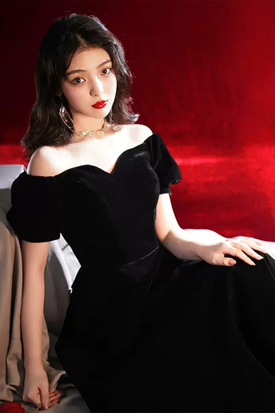 Black Off Shoulder Tea Length Prom Homecoming Dresses, Off the Shoulder Black Formal Graduation Evening Dresses WT1019