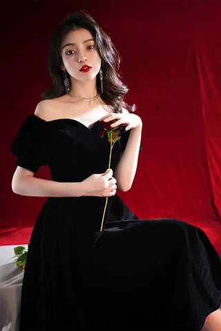 Black Off Shoulder Tea Length Prom Homecoming Dresses, Off the Shoulder Black Formal Graduation Evening Dresses WT1019