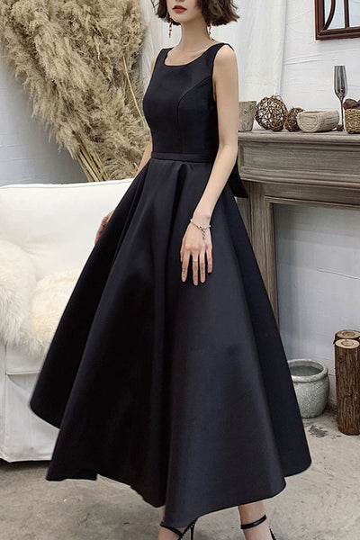 Black Satin Backless Tea Length Prom Dresses, Open Back Black Homecoming Dresses, Black Formal Evening Dresses