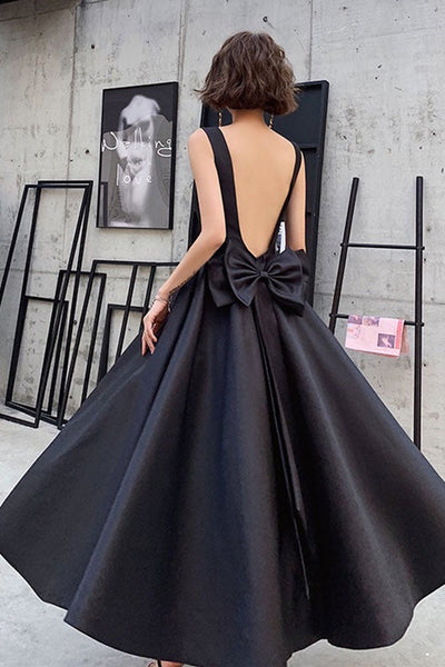 Black Satin Backless Tea Length Prom Dresses, Open Back Black Homecoming Dresses, Black Formal Evening Dresses