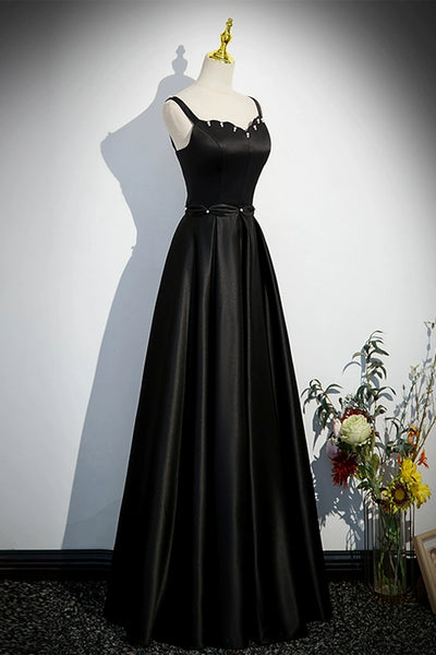 Black Satin Elegant A Line Long Prom Dresses with Pearls, Long Black Formal Graduation Evening Dresses WT1193