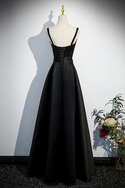 Black Satin Elegant A Line Long Prom Dresses with Pearls, Long Black Formal Graduation Evening Dresses WT1193