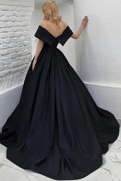 Black Satin Off Shoulder Long Prom Dresses, Off the Shoulder Black Formal Evening Dresses WT1072