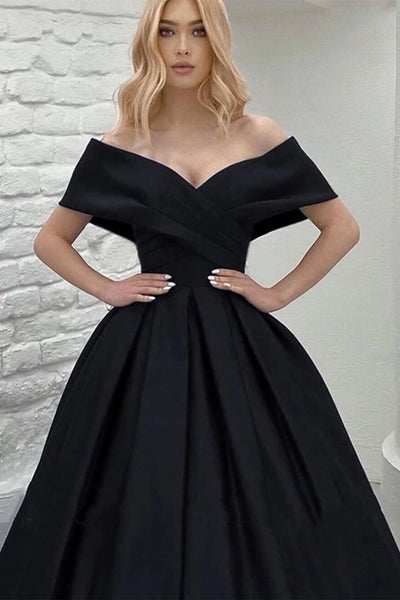 Black Satin Off Shoulder Long Prom Dresses, Off the Shoulder Black Formal Evening Dresses WT1072
