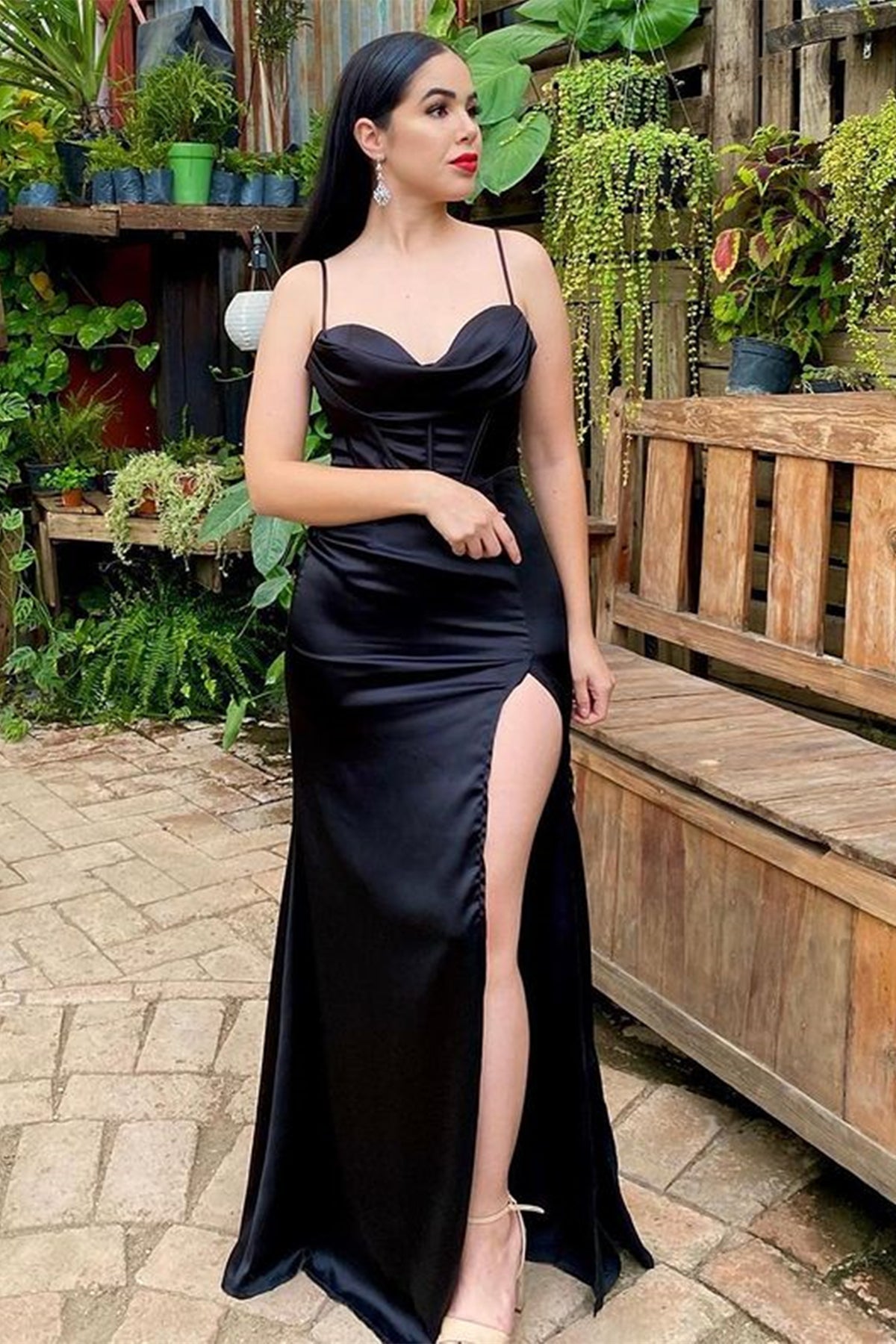 Black Satin Sweetheart Neck Mermaid Long Prom Dresses with High Slit, Long Black Formal Graduation Evening Dresses WT1162