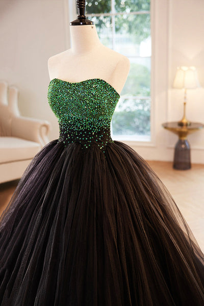 Black Tulle Gorgeous Strapless Beaded Long Prom Dresses, Beaded Black Formal Evening Dresses, Black Ball Gown with Beadings WT1156